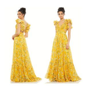 Mac Duggal Size 2 Yellow Ruffle Tiered Floral Cut-Out Chiffon Gown Maxi New